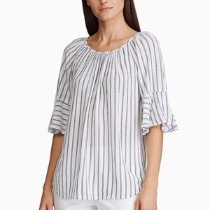 Chaps Ruffled Short Sleeve Peasant Blouse Blue White Striped Large